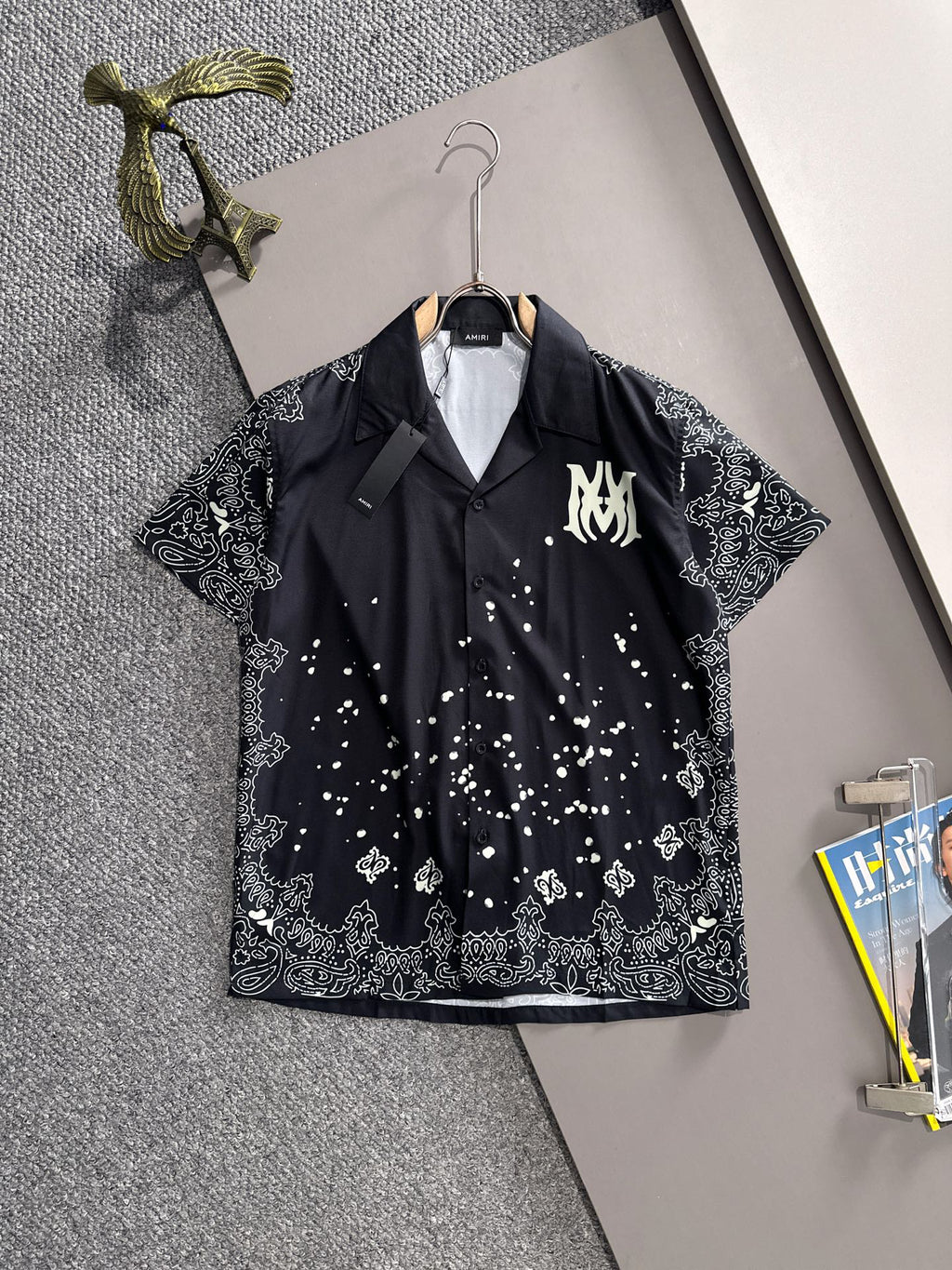 AMIRI MA Logo Bandana Border Bleach Splatter Camp Collar Shirt and Shorts Set