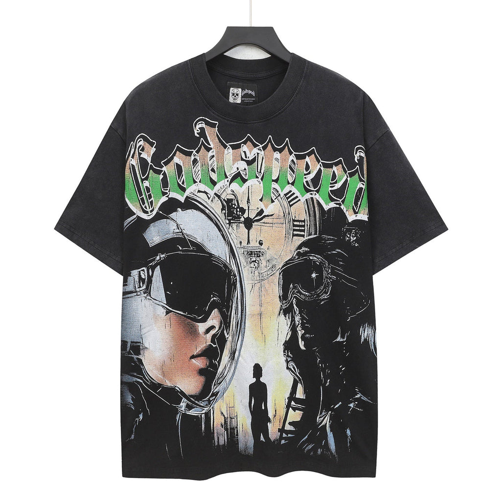 Godspeed Astronaut Time Clock Vintage Short‑Sleeve Tee (Washed Black)