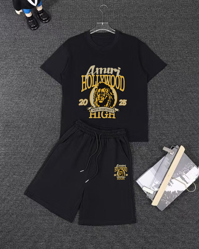 Amiri Hollywood Lion Graphic Short‑Sleeve T‑Shirt & Drawstring Shorts Two‑Piece Set