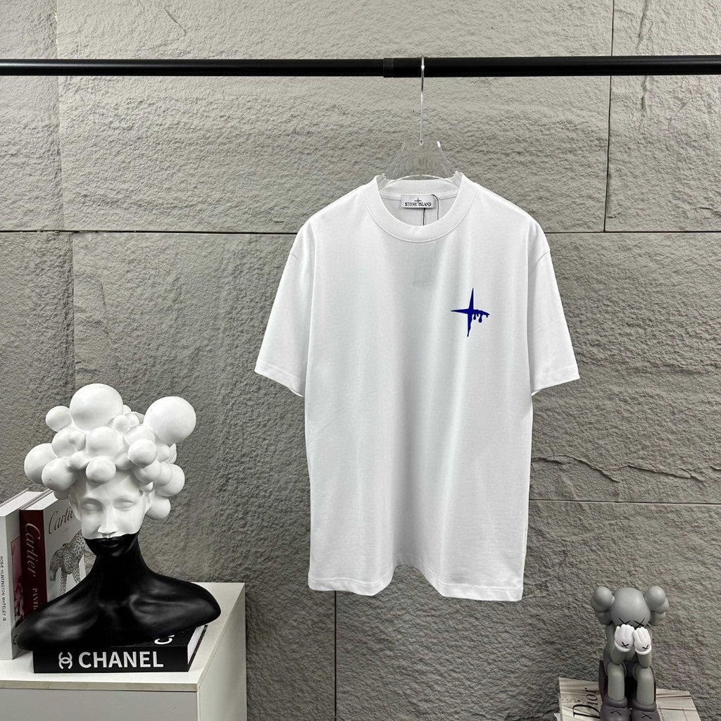 Stone Island Melting Compass Rose 3D Flock Print T-Shirt - Cobalt Blue Star at Chest, Oversized Melting Badge at Back