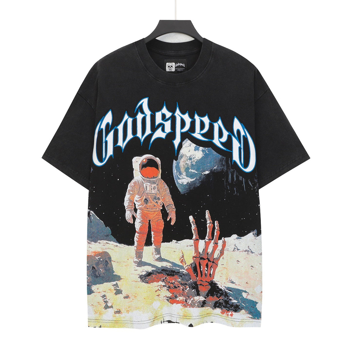 Godspeed Astronaut Skeleton Moon Landing Short Sleeve Tee (Washed Black)