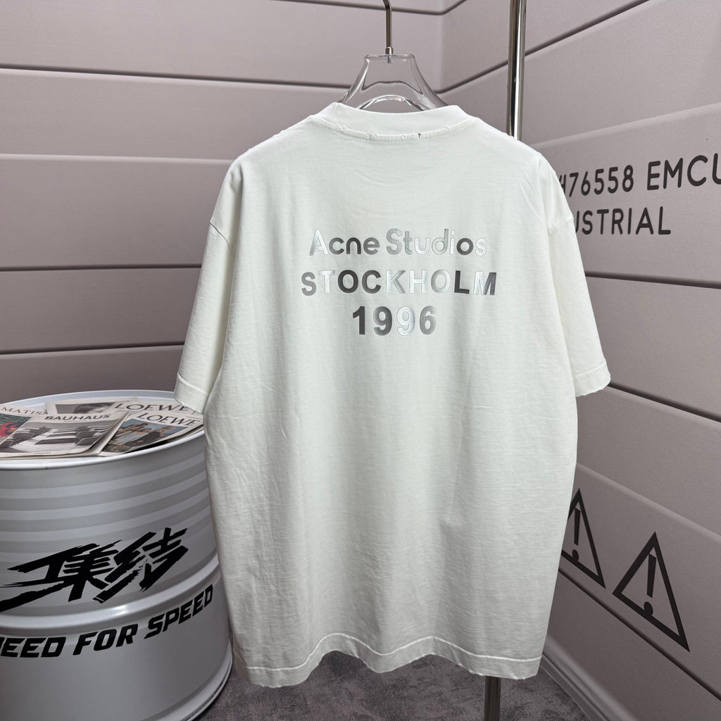 Acne Studios Square Patch‑Detail Distressed‑Trim Crew‑Neck Short‑Sleeve T‑Shirt