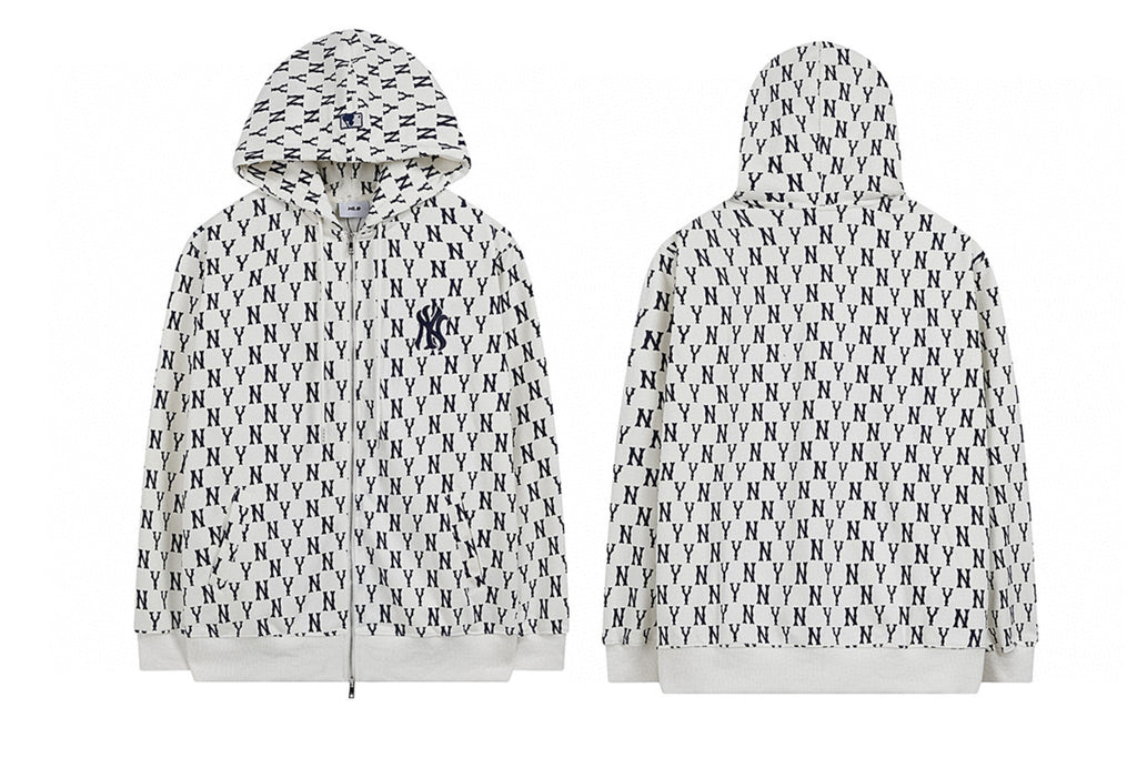 NY Yankees All-Over Monogram Print Zip-Up Hoodie