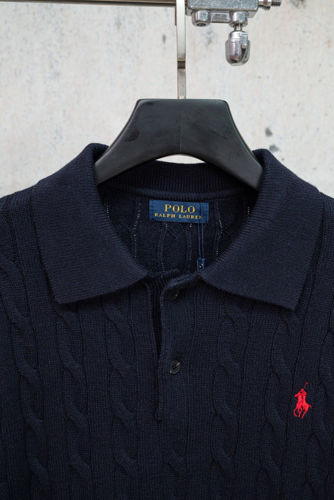 Men's Cable Knit Short‑Sleeve Collared Polo Top, Red Rider Chest Embroidery