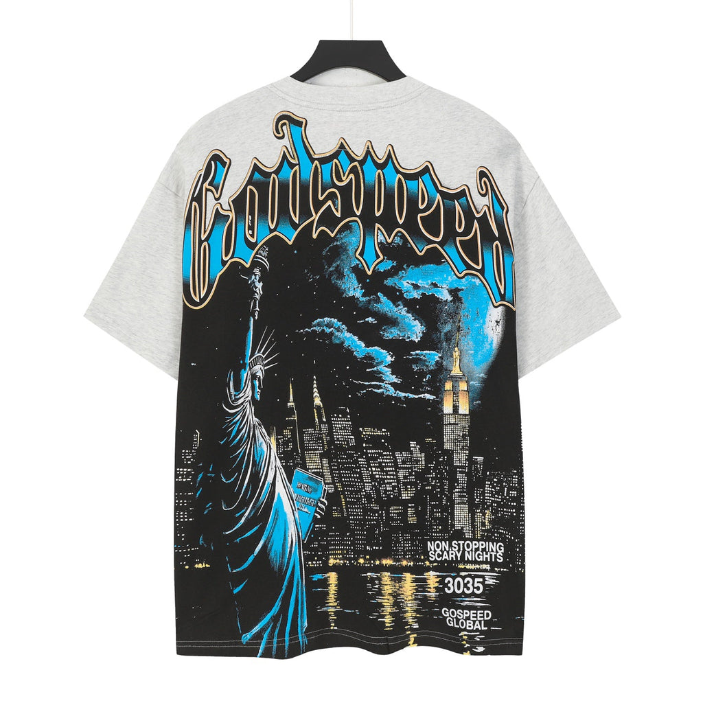 Godspeed Night NYC Statue Of Liberty Back‑Print Short Sleeve Tee (Heather Grey)