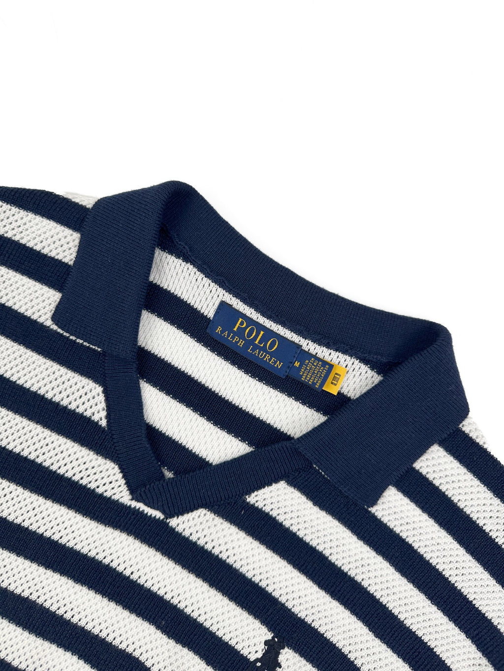 Polo Ralph Lauren Men's Striped V‑Neck Knit Short‑Sleeve Polo Shirt, Navy Pony Embroidery