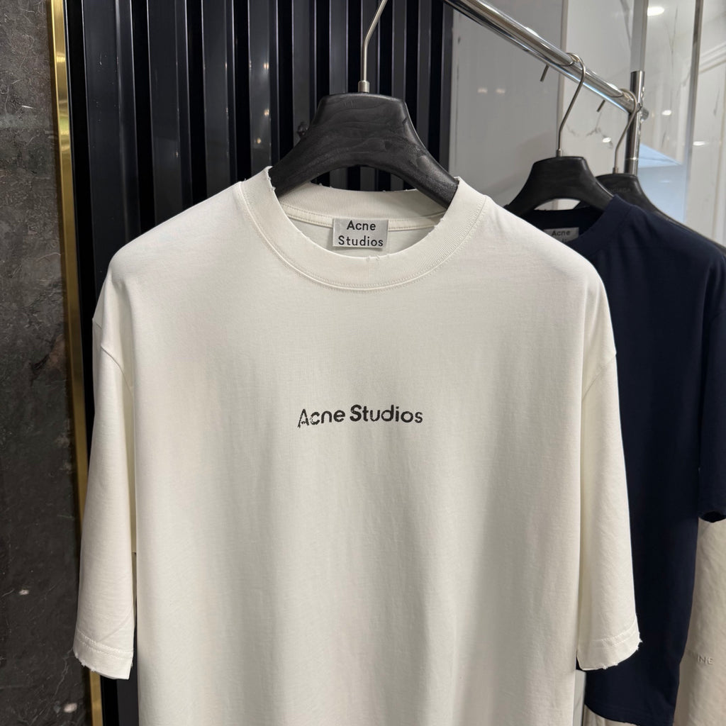 Acne Studios Centered‑Brand‑Script Distressed‑Hem Oversized Crew‑Neck T‑Shirt