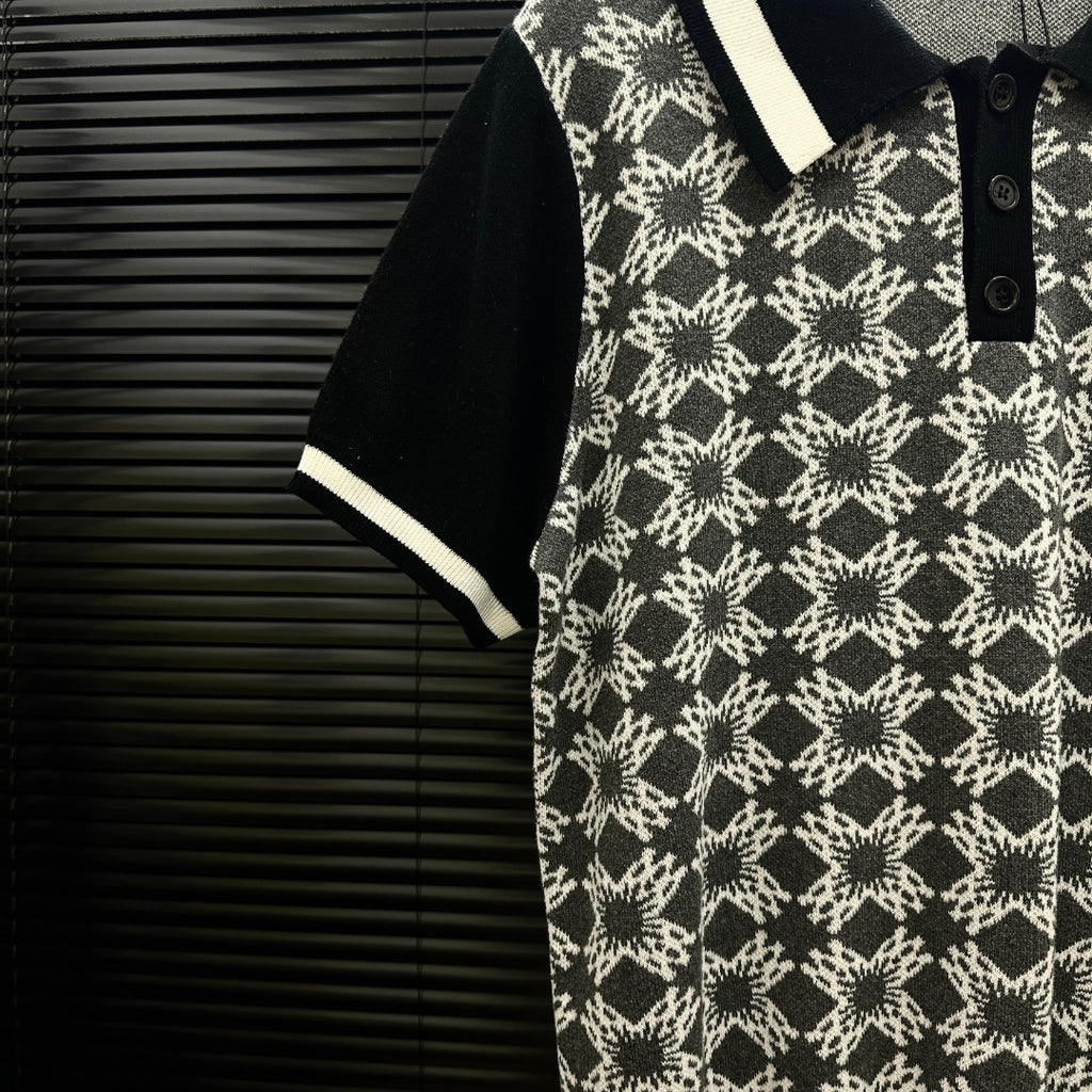 AMIRI Geometric Jacquard Color‑Block Short‑Sleeve Knit Polo Shirt