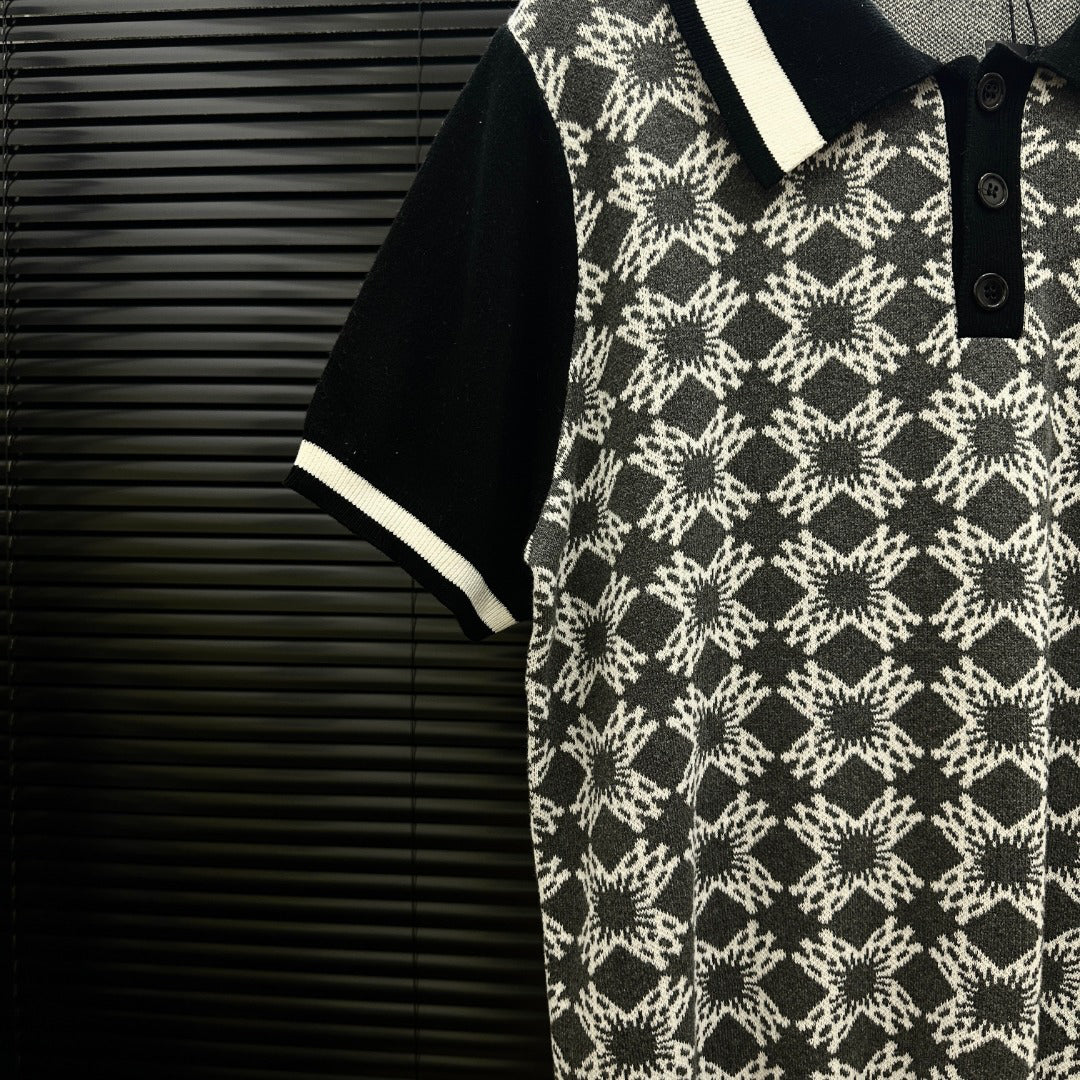 AMIRI Geometric Jacquard Color‑Block Short‑Sleeve Knit Polo Shirt