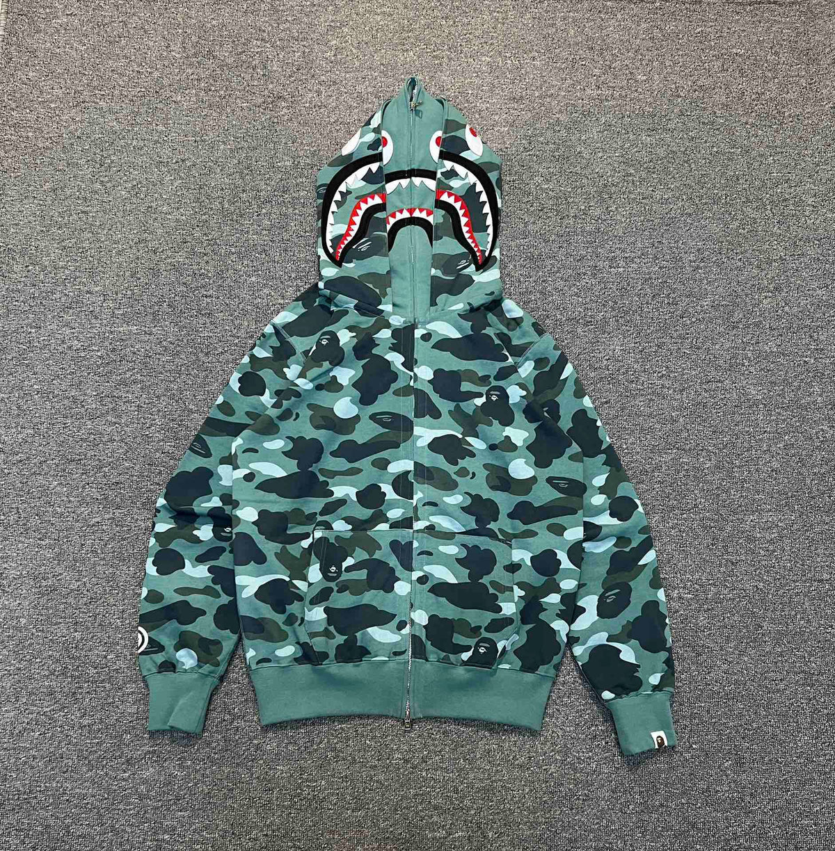 BAPE WGM Shark Full-Zip Double Hood Hoodie — City Camo Gray / Forest Green ABC Camo