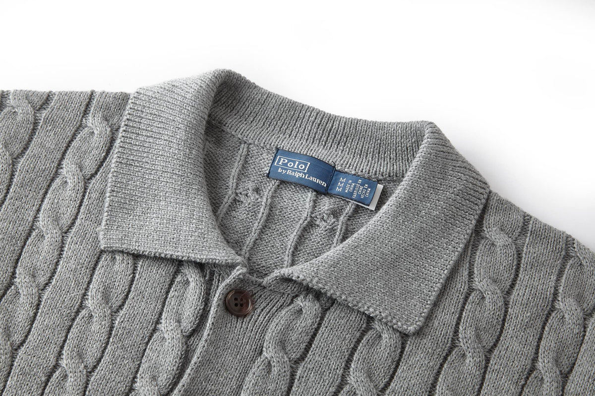 Polo Ralph Lauren Men’s Cable‑Knit Collared Button‑Up Cardigan With Navy Pony Embroidery