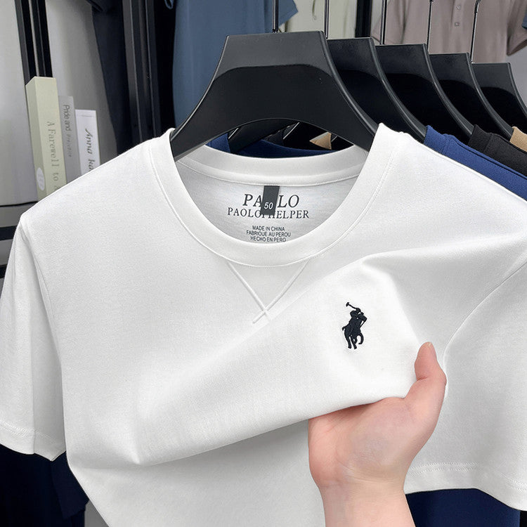 Men's Crew Neck Pique Short‑Sleeve T‑Shirt, Rider Figure Embroidery Casual Basic Top