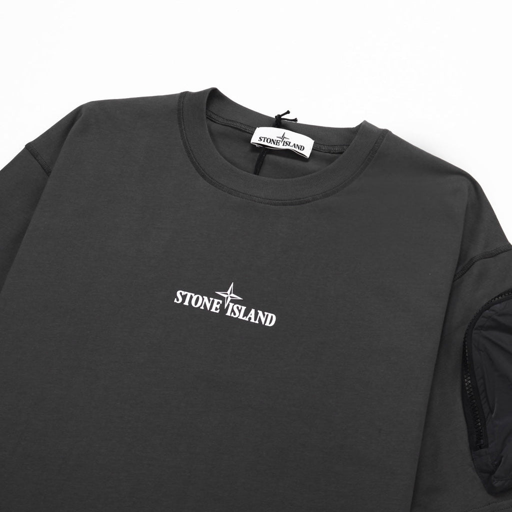 Stone Island Centre Chest Logo Crew Neck T-Shirt with Right Sleeve Nylon Zip Pocket
