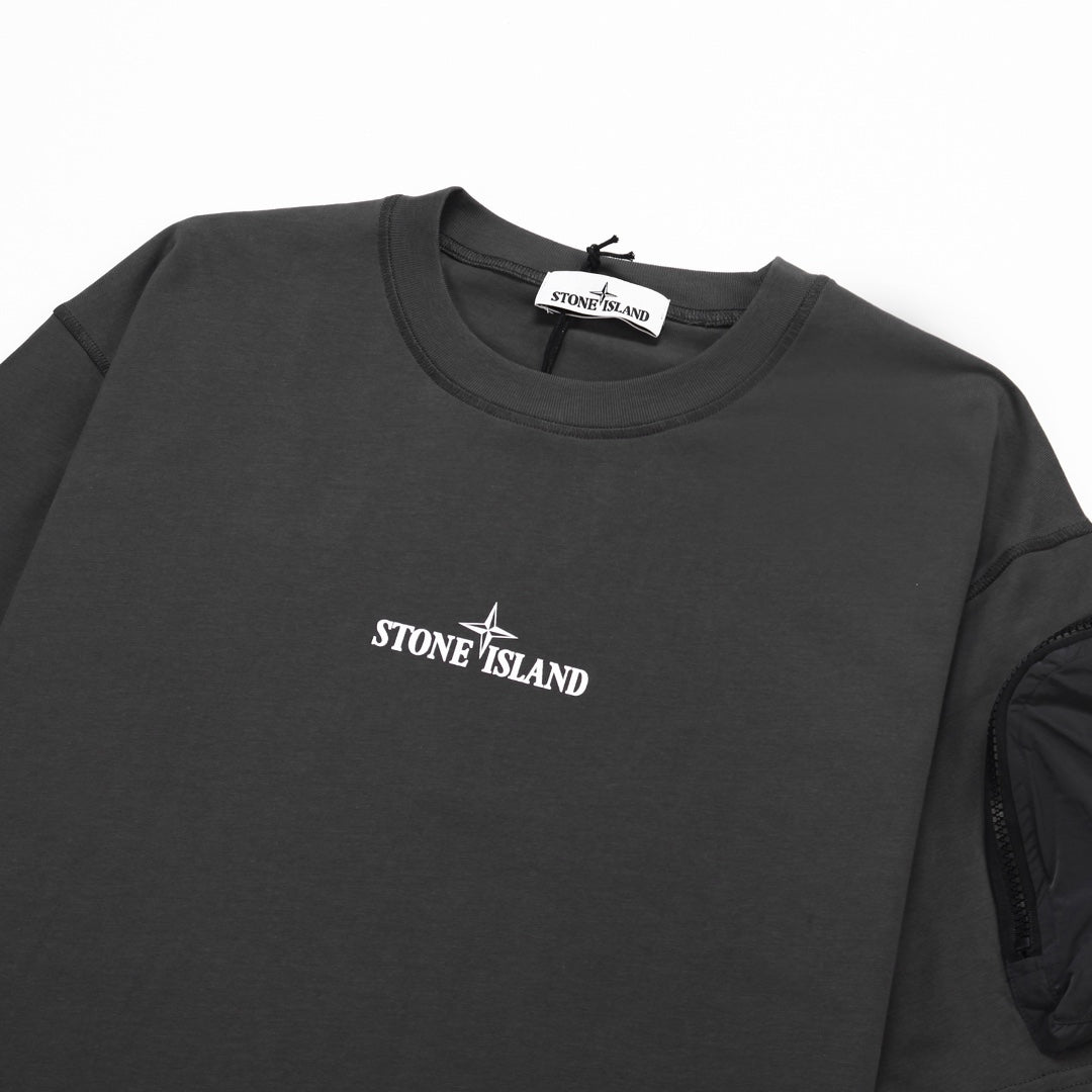 Stone Island Centre Chest Logo Crew Neck T-Shirt with Right Sleeve Nylon Zip Pocket
