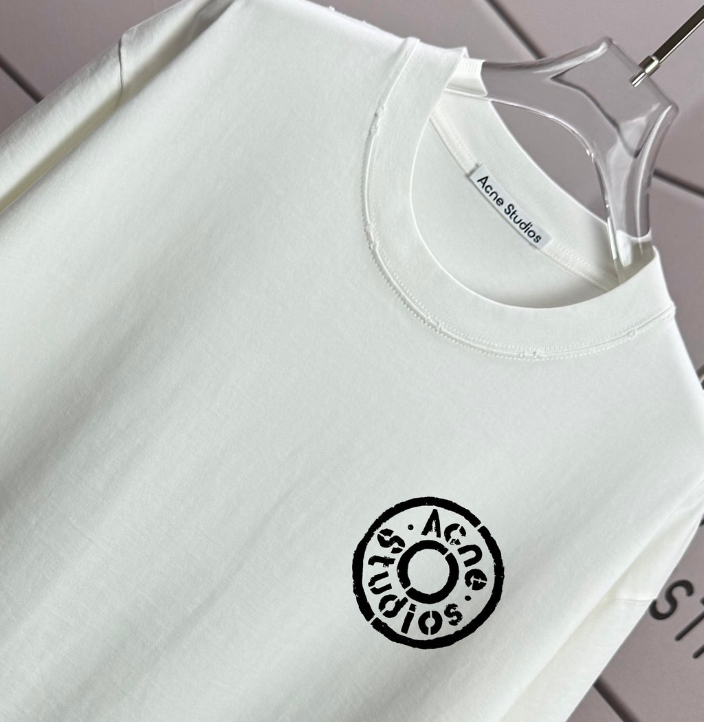 Acne Studios Small Circular Stamp‑Graphic Distressed‑Trim Crew‑Neck Short‑Sleeve T‑Shirt