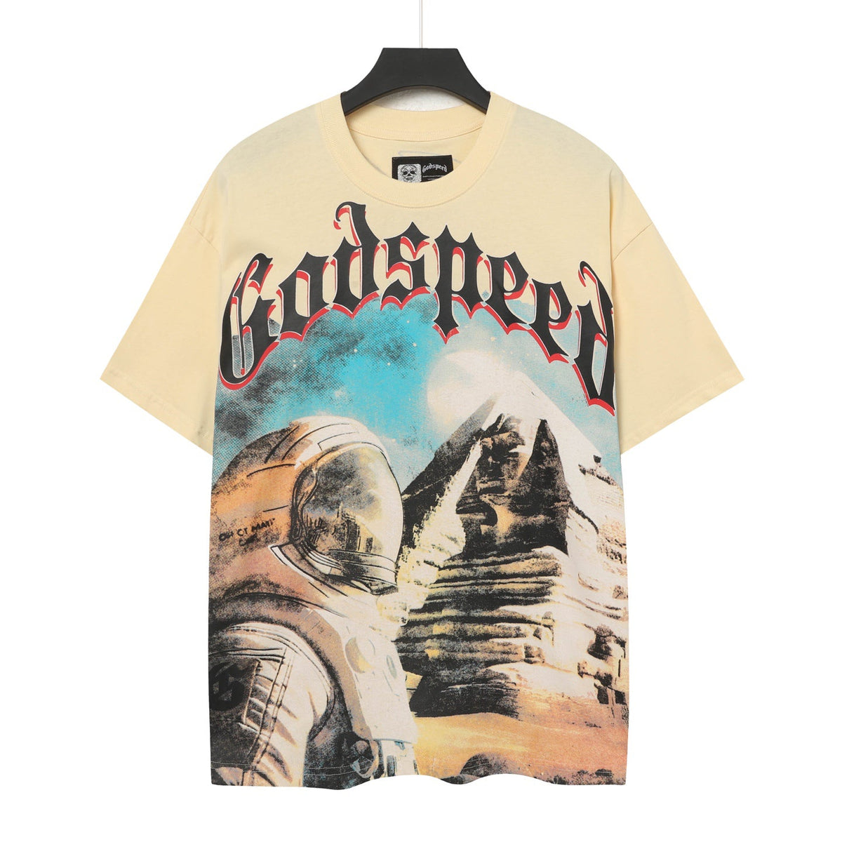 Godspeed Astronaut & Egyptian Pyramid Vintage Short‑Sleeve Tee (Cream Yellow)
