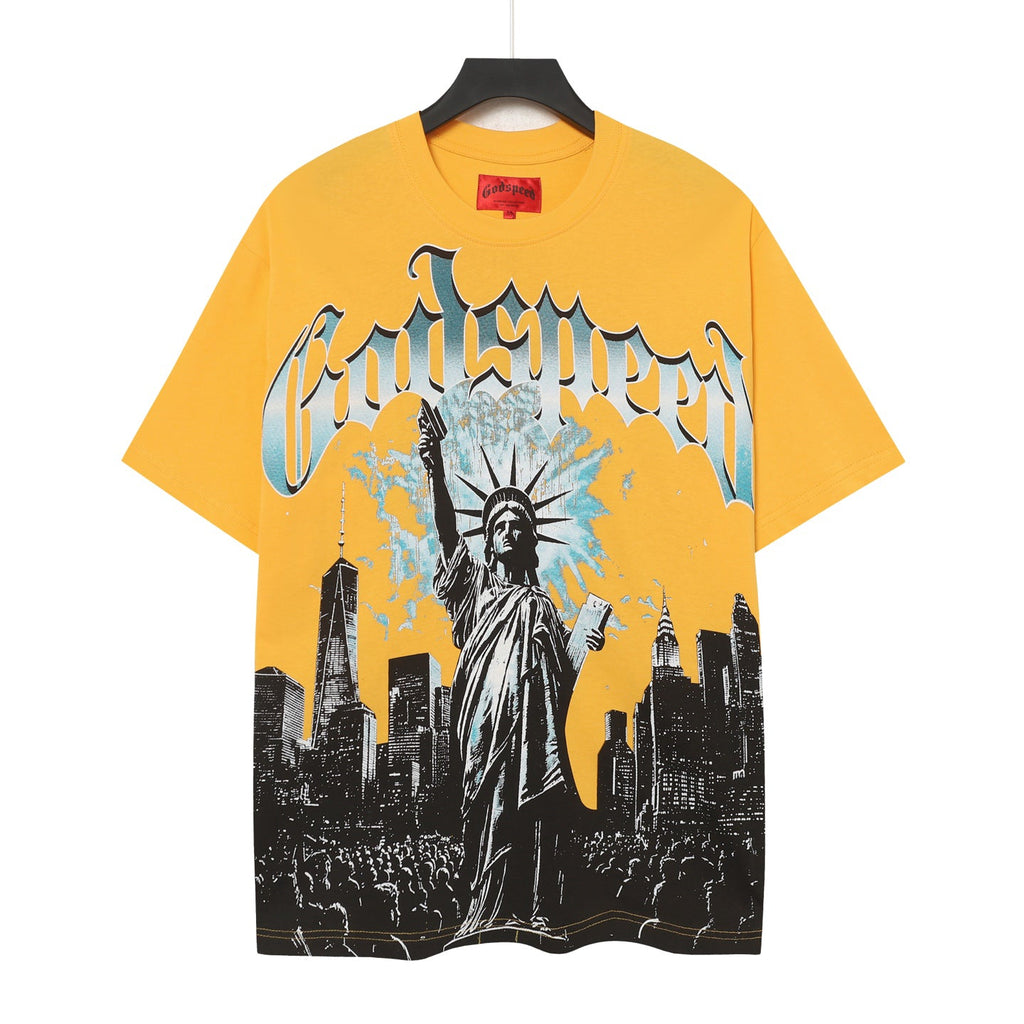 Godspeed Back‑View Statue Of Liberty NYC Short Sleeve Tee (Bright Yellow)