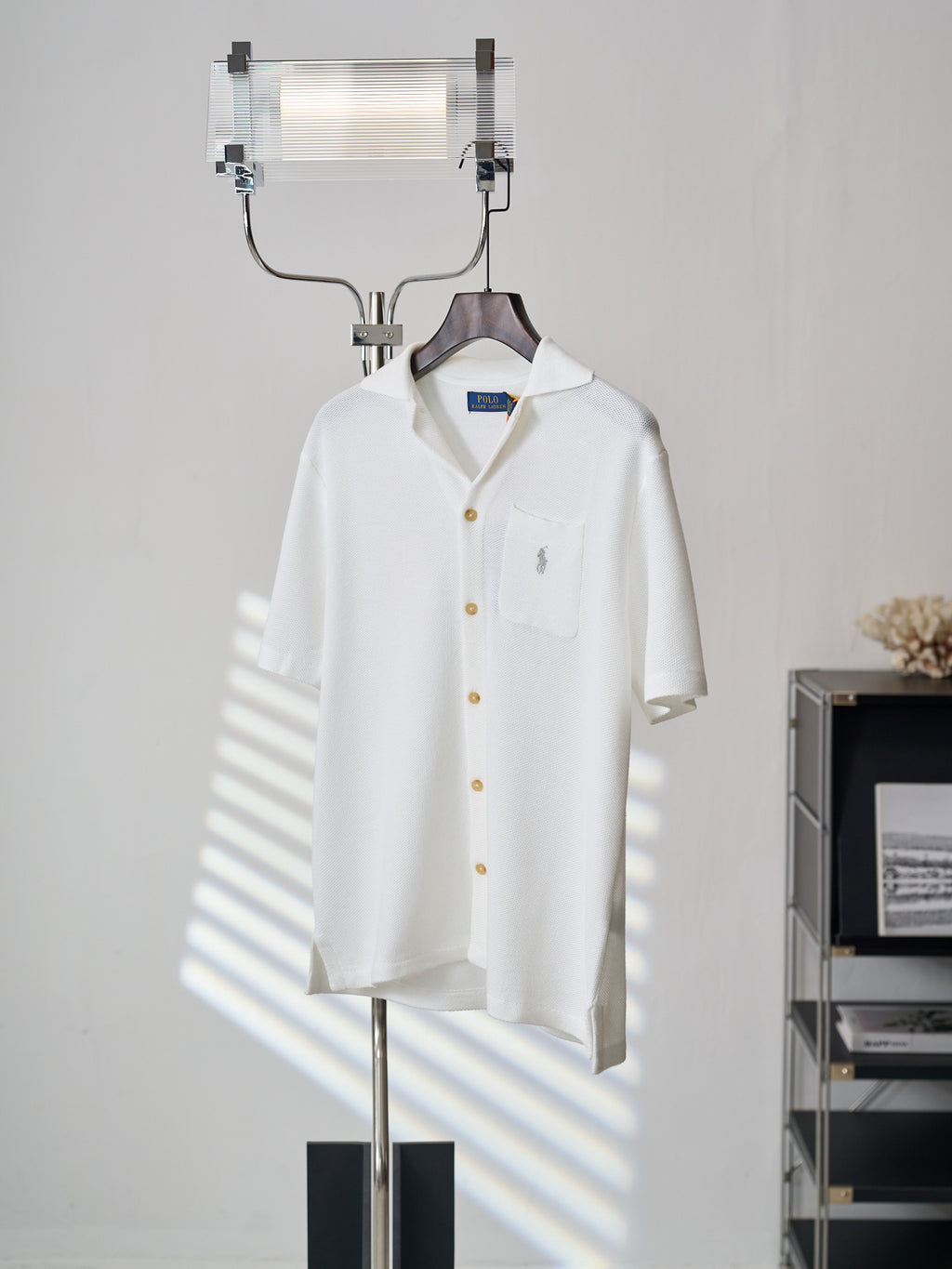 Polo Ralph Lauren Men's Camp‑Collar Button‑Front Waffle‑Knit Short‑Sleeve Shirt, Grey Pony Embroidery