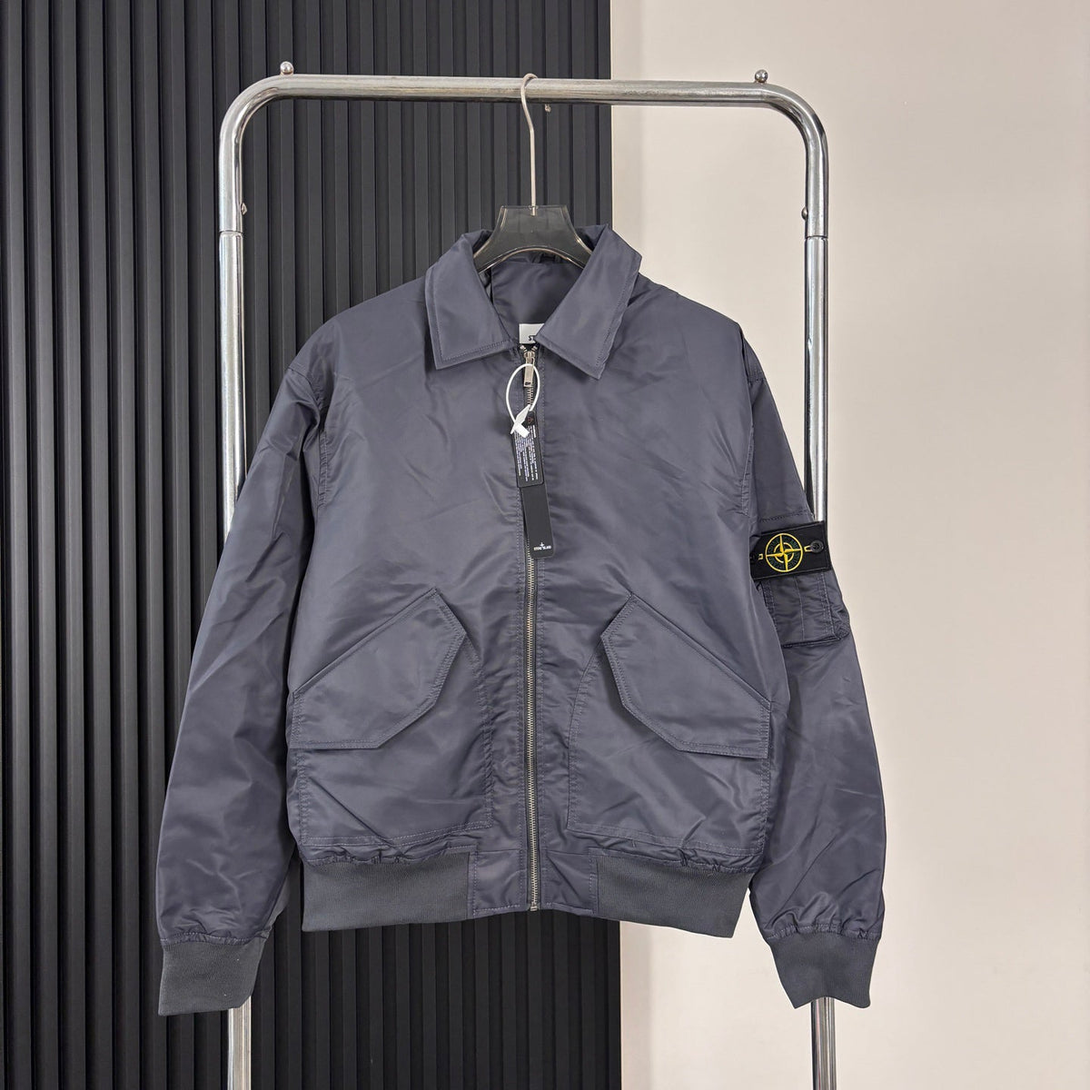 Stone Island Nylon Bomber Jacket with Point Collar and Compass Badge