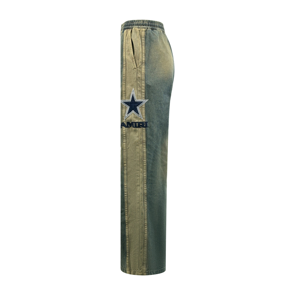 AMIRI Star‑Patch Elastic Waist Wide‑Leg Denim Pants