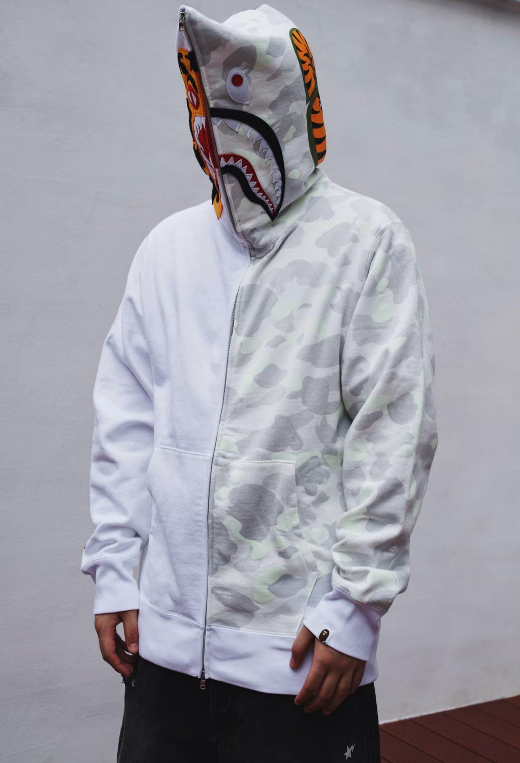 BAPE FW25 City Camo Glow-in-the-Dark Shark Full-Zip Hoodie - White / Black