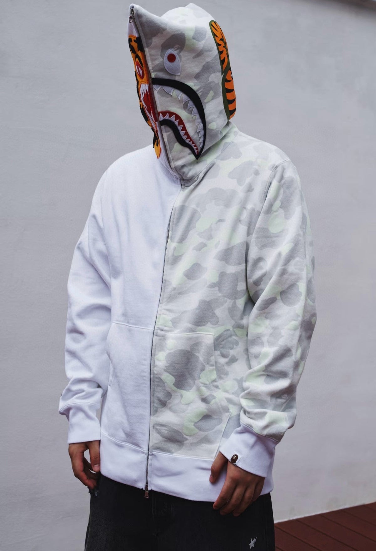 BAPE FW25 City Camo Glow-in-the-Dark Shark Full-Zip Hoodie - White / Black