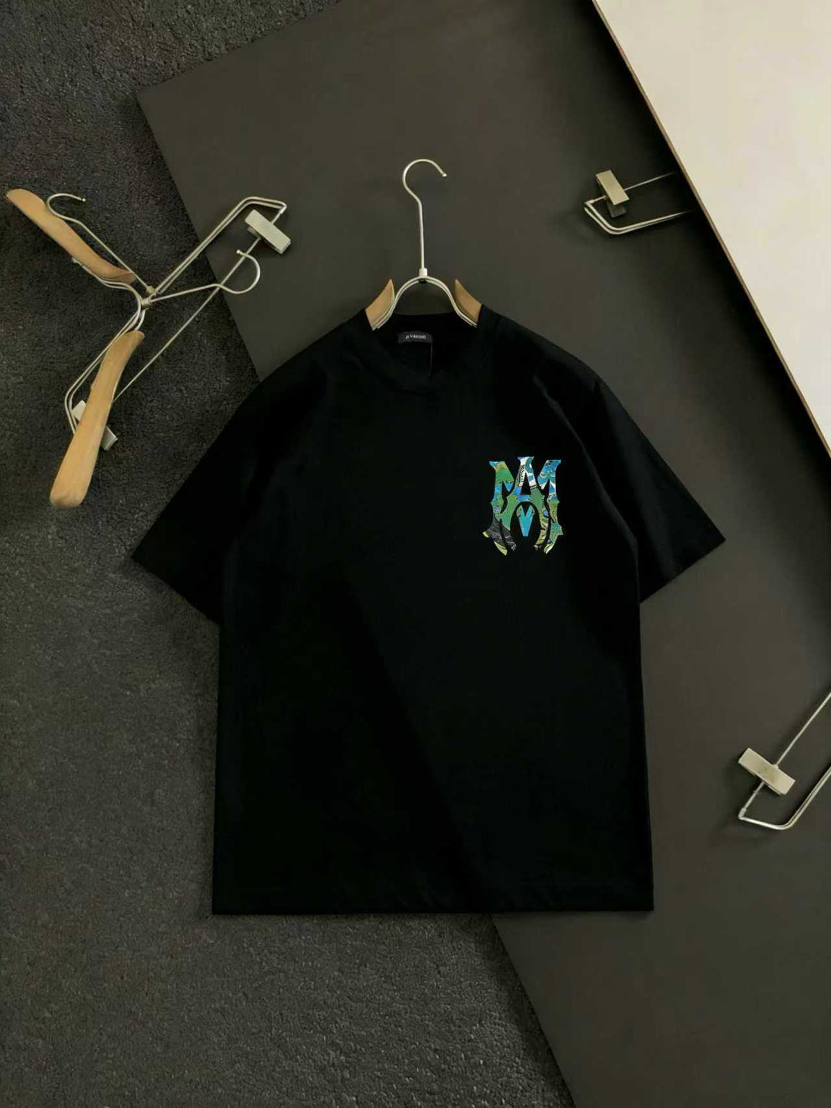 Amiri Camo Monogram Chest Graphic Crew‑Neck Short‑Sleeve T‑Shirt