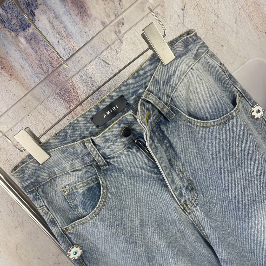 AMIRI Ornamental Stud Embellished Light‑Wash Flared Denim Jeans