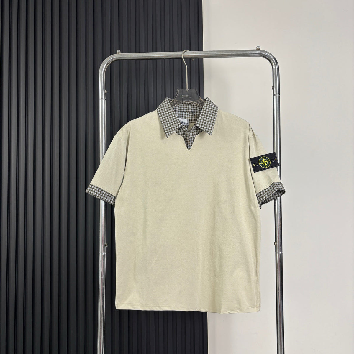 Stone Island Faux Two-Piece Short Sleeve Top with Gingham Collar