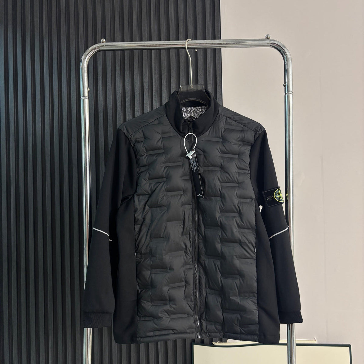 Stone Island Hybrid Down Jacket with Geometric Quilting and Compass Badge