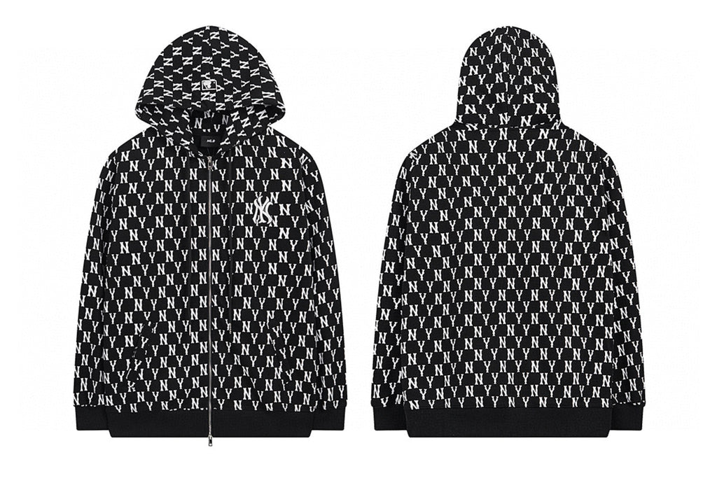 NY Yankees All-Over Monogram Print Zip-Up Hoodie
