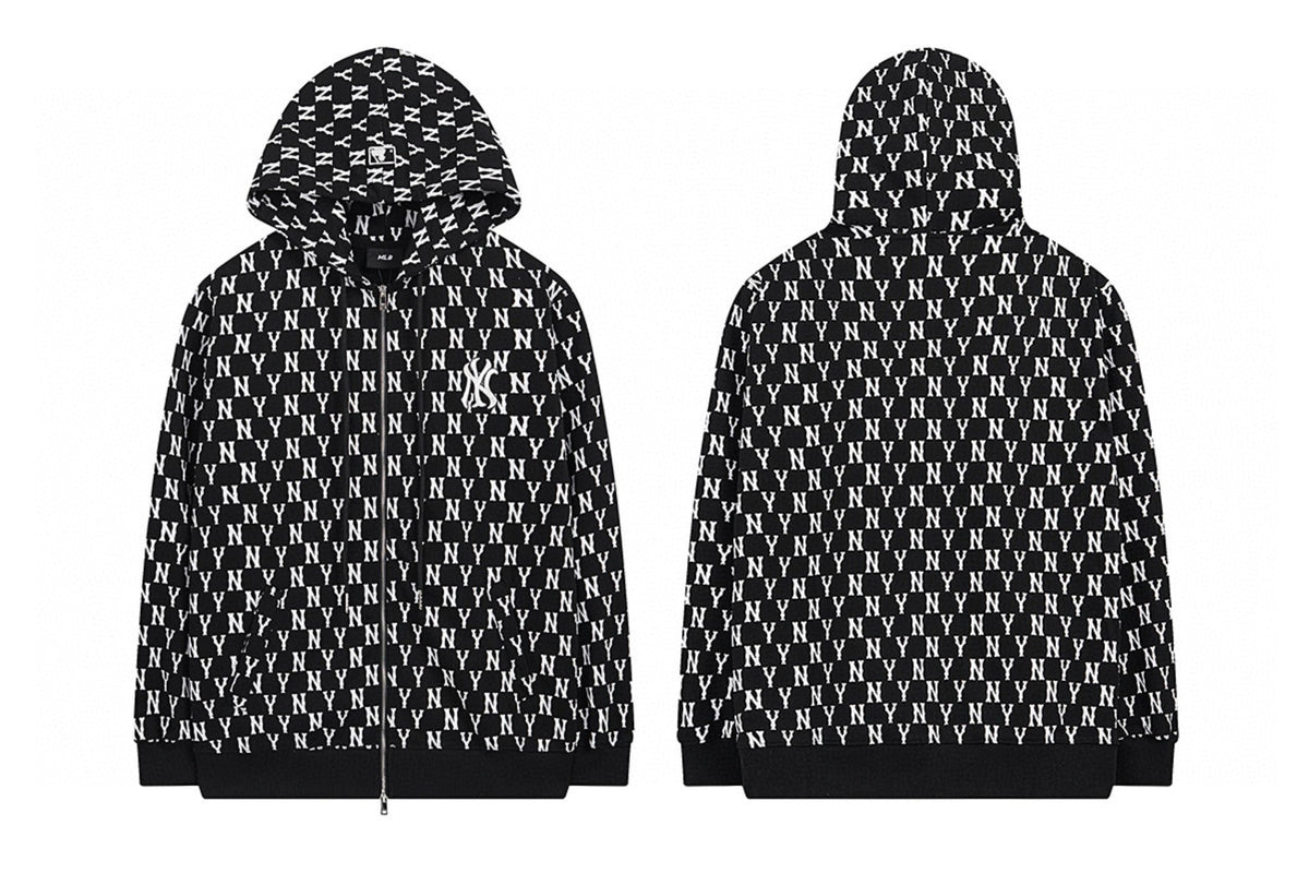 NY Yankees All-Over Monogram Print Zip-Up Hoodie