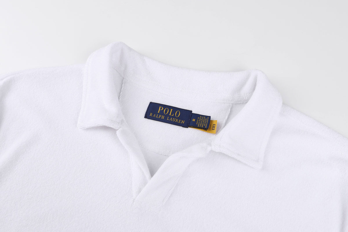 Polo Ralph Lauren Men's Terry‑Cloth Johnny Collar Pocket Short‑Sleeve Polo Shirt, Navy Pony Embroidery