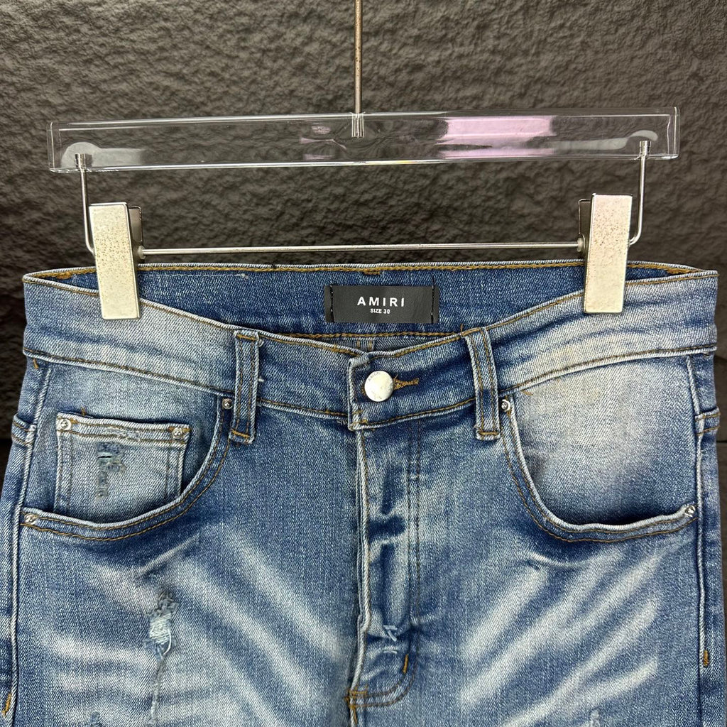 AMIRI Yellow Patch Distressed Printed Slim‑Fit Denim Jeans