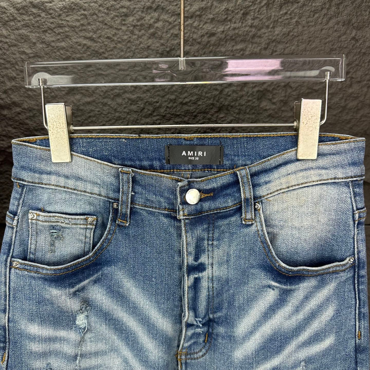 AMIRI Yellow Patch Distressed Printed Slim‑Fit Denim Jeans