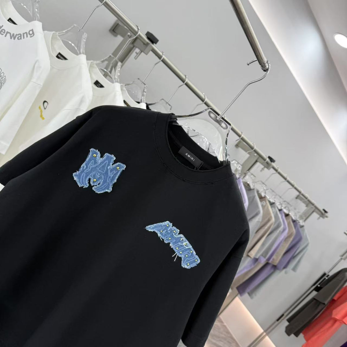 AMIRI Denim Rivet Patchwork Front & Back Graphic Crew Neck Short‑Sleeve T‑Shirt