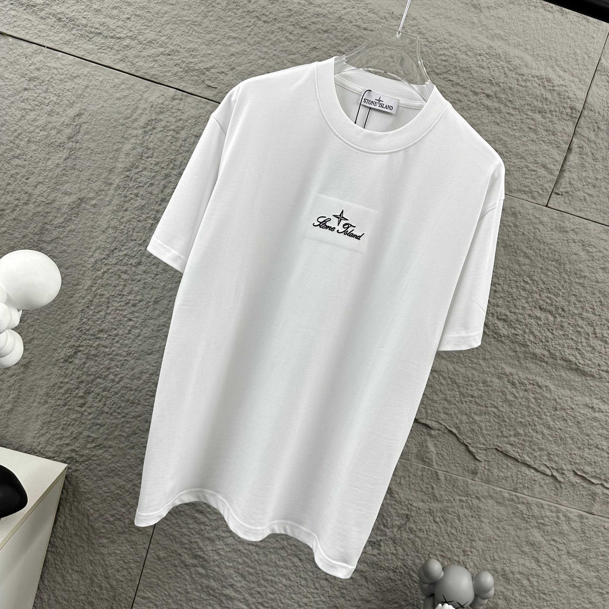 Stone Island Script Logo Embroidery T-Shirt with Dashed Geometric Lattice Back Print