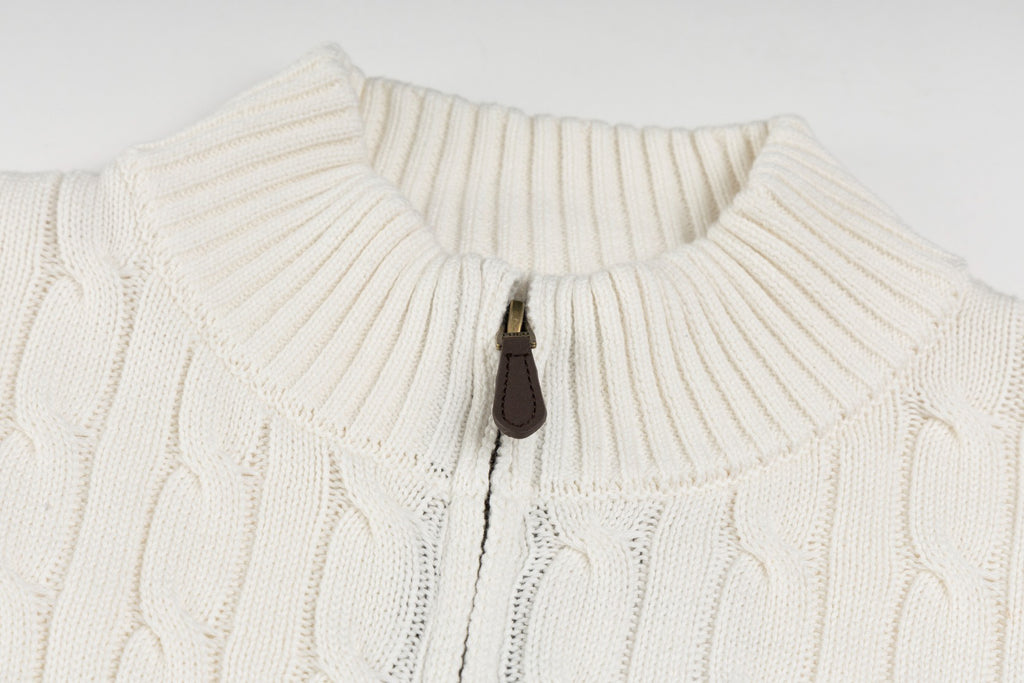 Ralph Lauren Men's Full‑Zip Cable Knit Stand Collar Cardigan Sweater With Navy Pony Logo