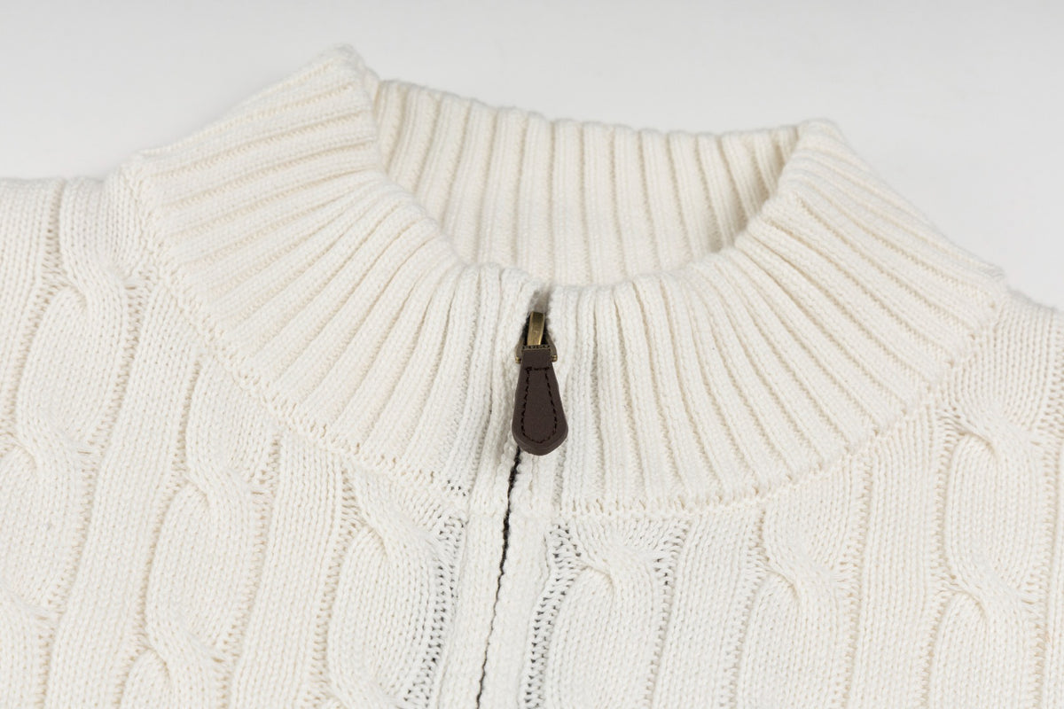 Ralph Lauren Men's Full‑Zip Cable Knit Stand Collar Cardigan Sweater With Navy Pony Logo