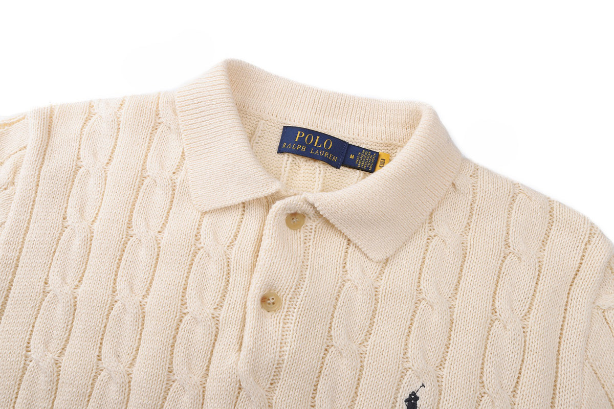 Polo Ralph Lauren Men’s Cable‑Knit Short‑Sleeve Polo Sweater With Navy Pony Embroidery