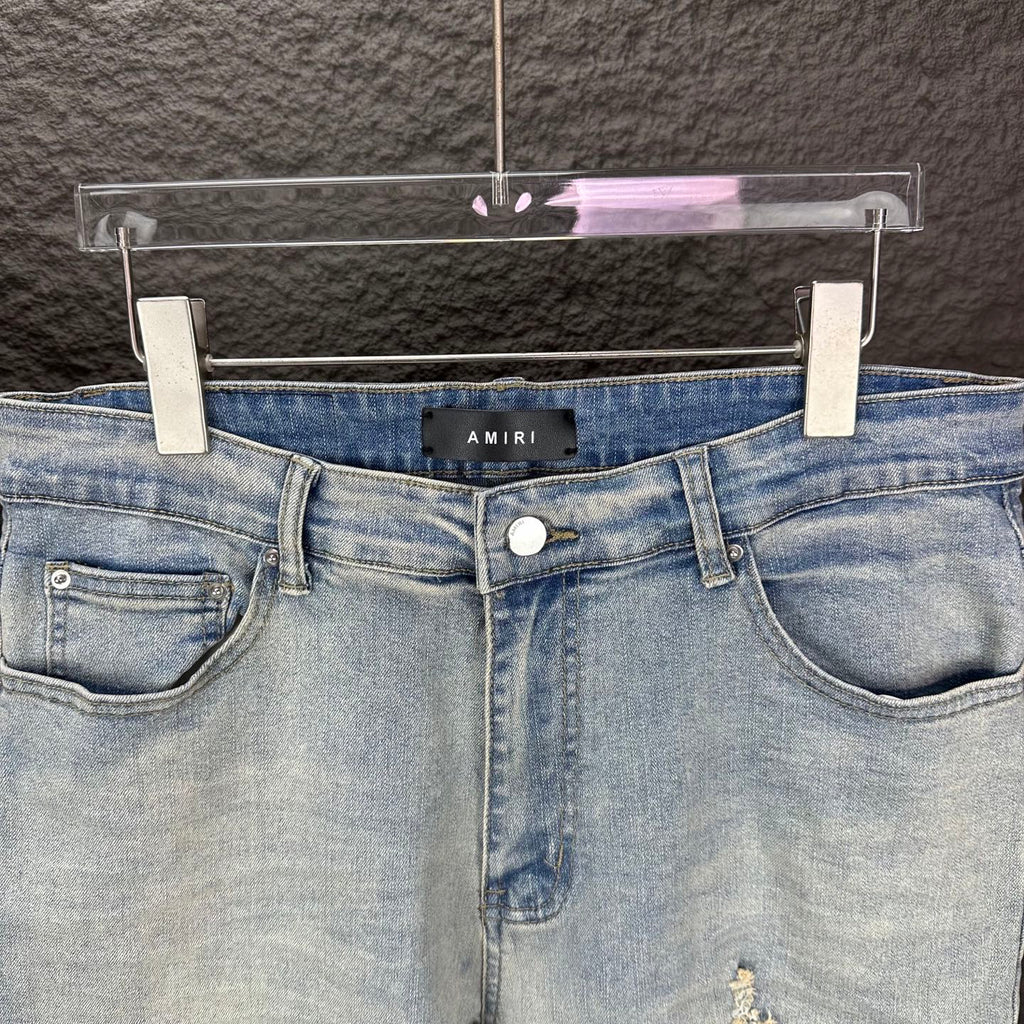 AMIRI Blue Ribbed Patch Diamond‑Rip Distressed Slim‑Fit Denim Jeans