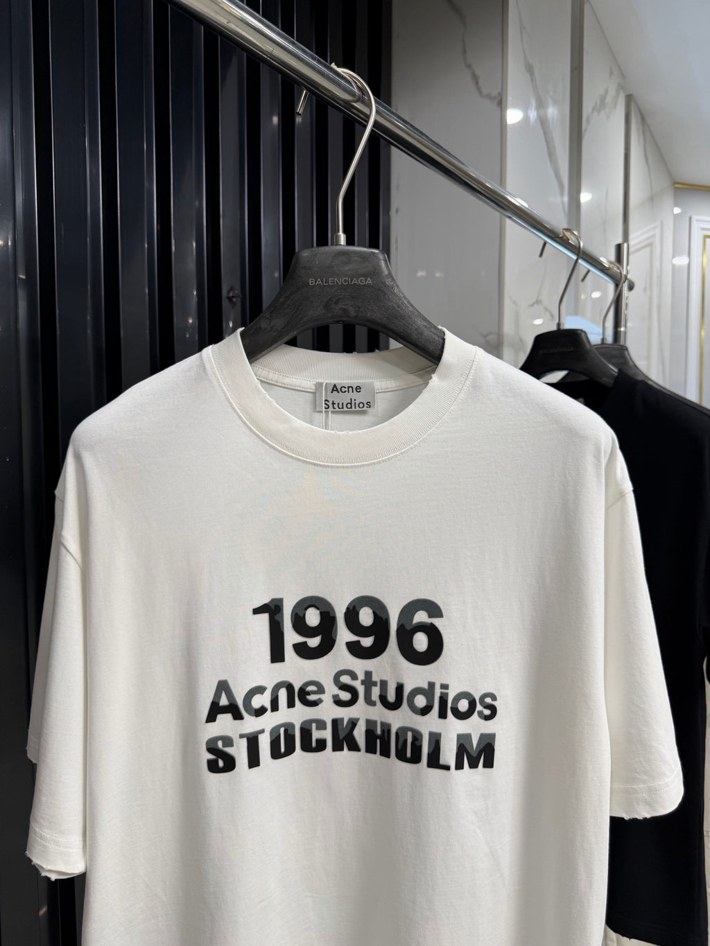 Acne Studios Stockholm 1996 Stacked‑Text Distressed‑Hem Oversized Crew‑Neck T‑Shirt