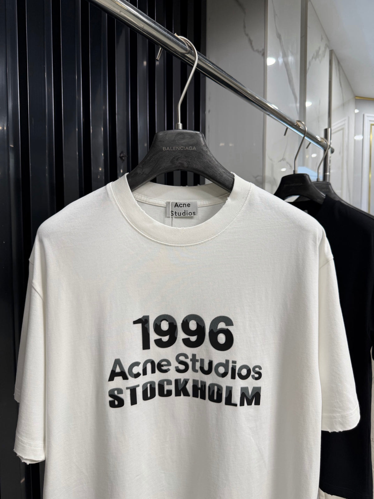 Acne Studios Stockholm 1996 Stacked‑Text Distressed‑Hem Oversized Crew‑Neck T‑Shirt