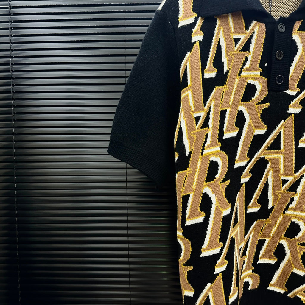 AMIRI All‑Over Letter Jacquard Short‑Sleeve Knit Polo Shirt