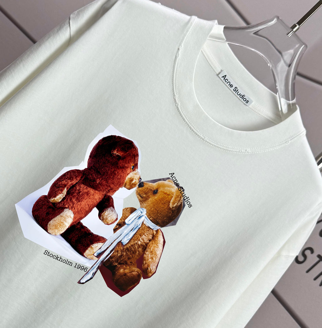 Acne Studios Two‑Teddy‑Bear Graphic Distressed‑Trim Crew‑Neck Short‑Sleeve T‑Shirt