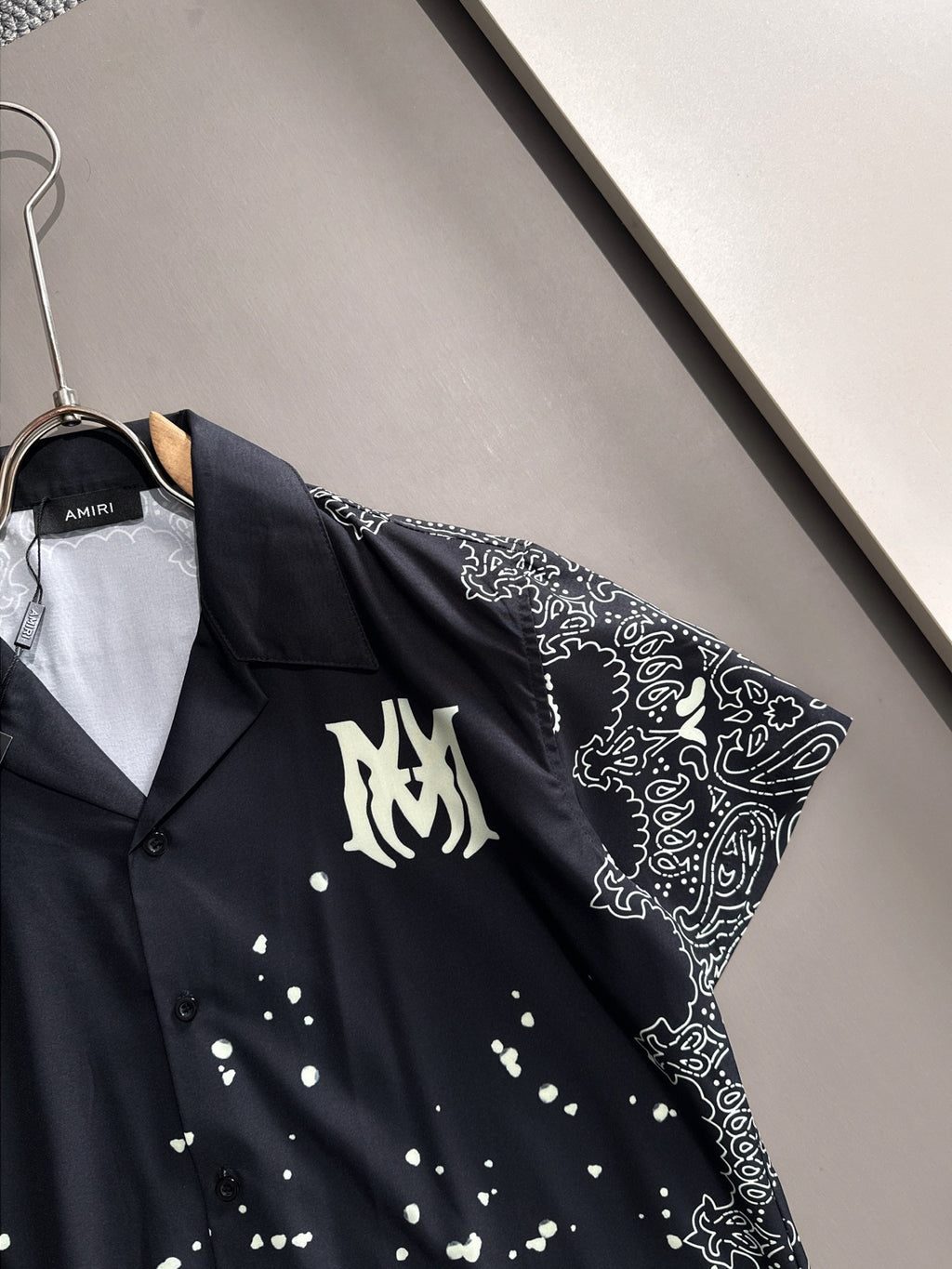 AMIRI MA Logo Bandana Border Bleach Splatter Camp Collar Shirt and Shorts Set