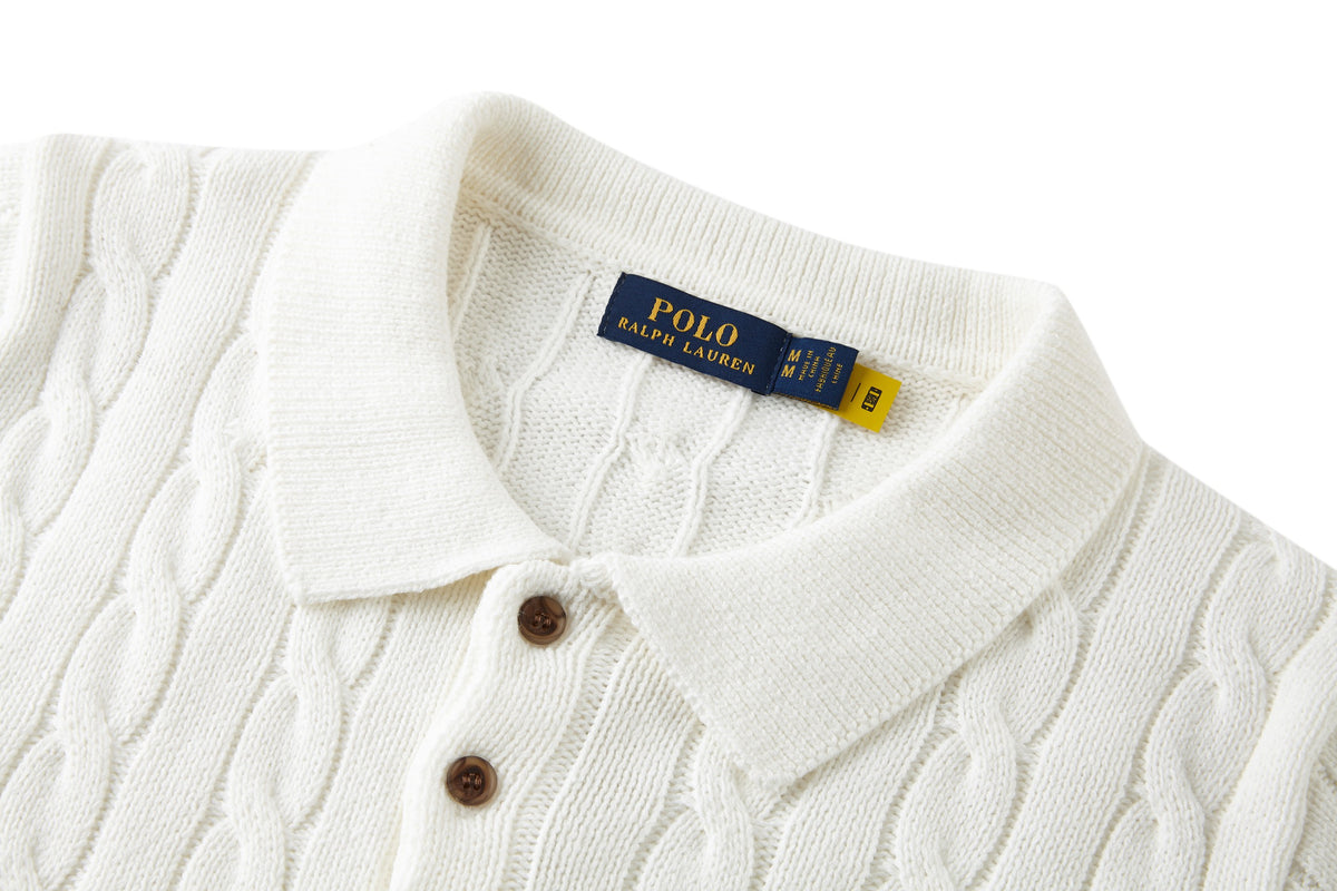 Polo Ralph Lauren Men’s Cable‑Knit Short‑Sleeve Polo Shirt With Navy Pony Embroidery