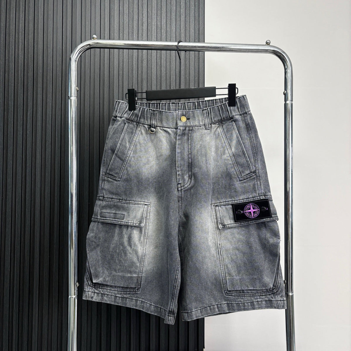 Stone Island Washed Denim Cargo Shorts with Front Patch Pockets and Compass Badge