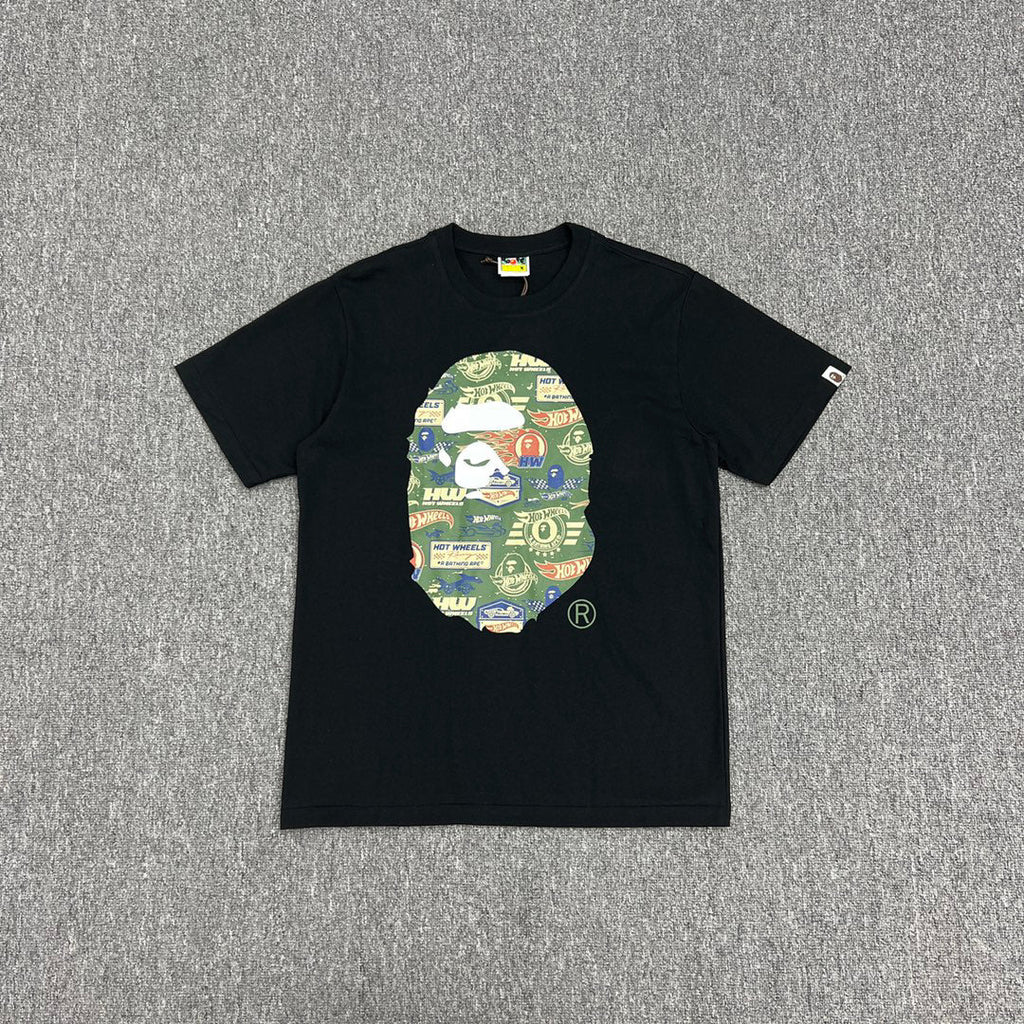 BAPE × Hot Wheels Collab Ape Head Sticker-Fill Badge Print Tee Oversized Unisex T-Shirt