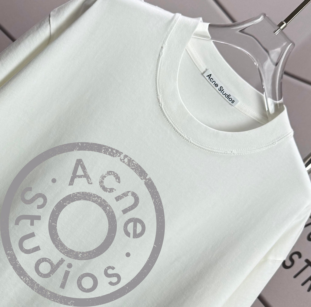 Acne Studios Large Circular Stamp‑Print Distressed‑Trim Crew‑Neck Short‑Sleeve T‑Shirt